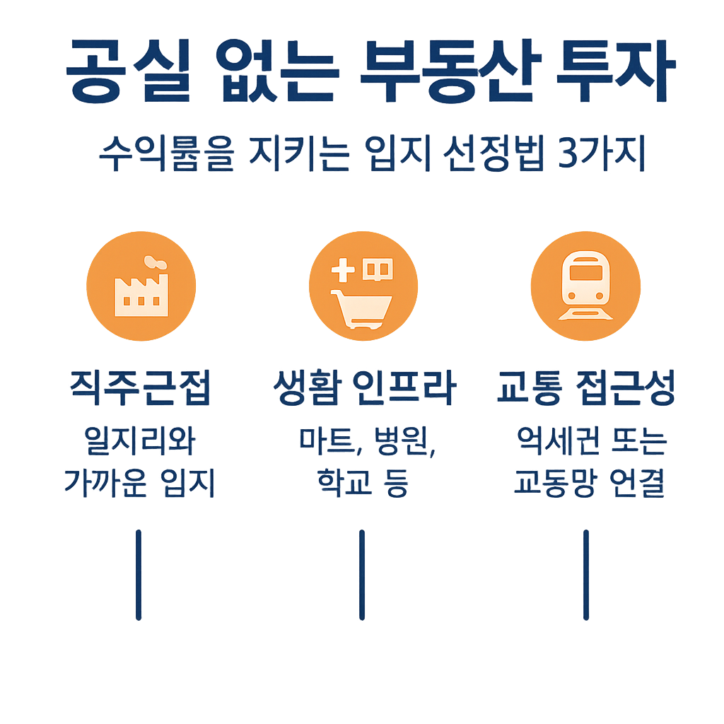 “공실 없는 부동산 투자를 위한 입지 선정 기준 3가지 인포그래픽 – 직주근접, 생활 인프라, 교통 접근성”