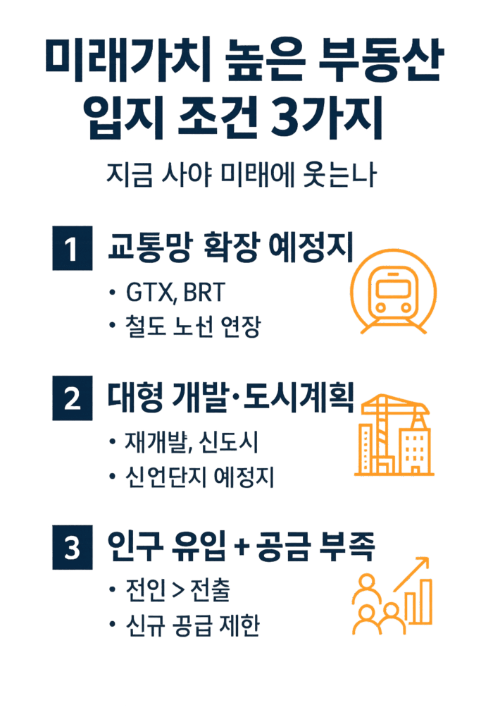 미래가치 부동산 입지 조건 인포그래픽 – 교통망 확장, 도시개발, 인구 유입 중심의 장기 가치 분석