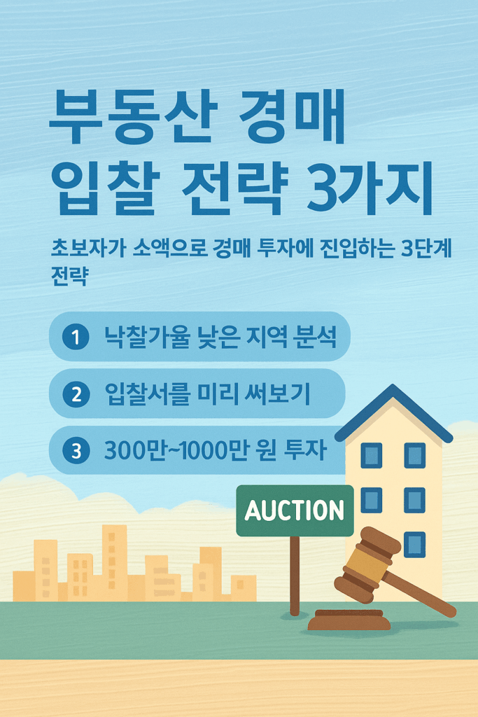 부동산 경매 초보자를 위한 입찰 전략 인포그래픽 – 소액 투자, 낙찰가 분석, 입찰 타이밍 전략 시각화