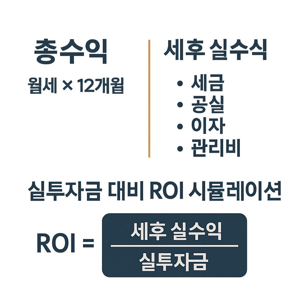 부동산 세후 수익률 계산 시뮬레이션 – 실투자금 대비 총수익과 실수익 비교 인포그래픽"