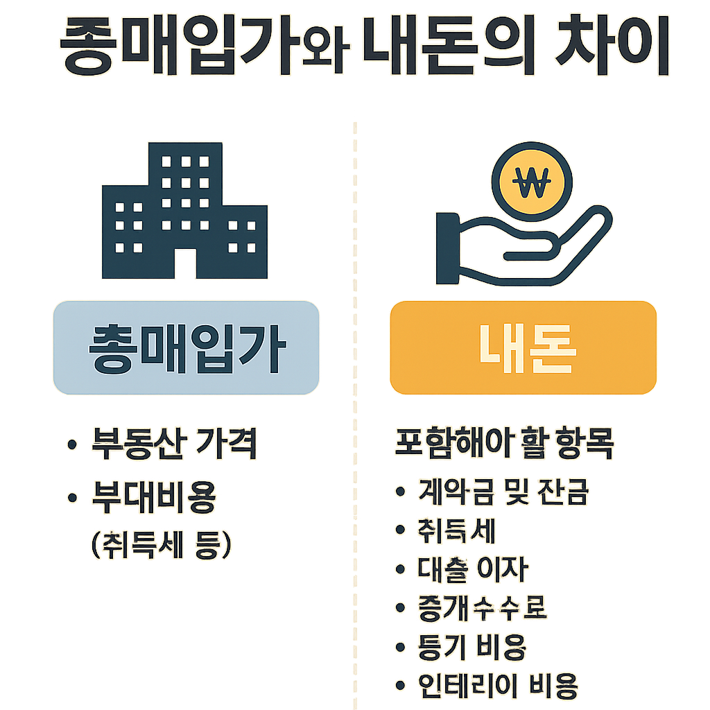 부동산 실투자금 항목을 비교한 인포그래픽 – 총매입가와 내 돈의 차이 정리