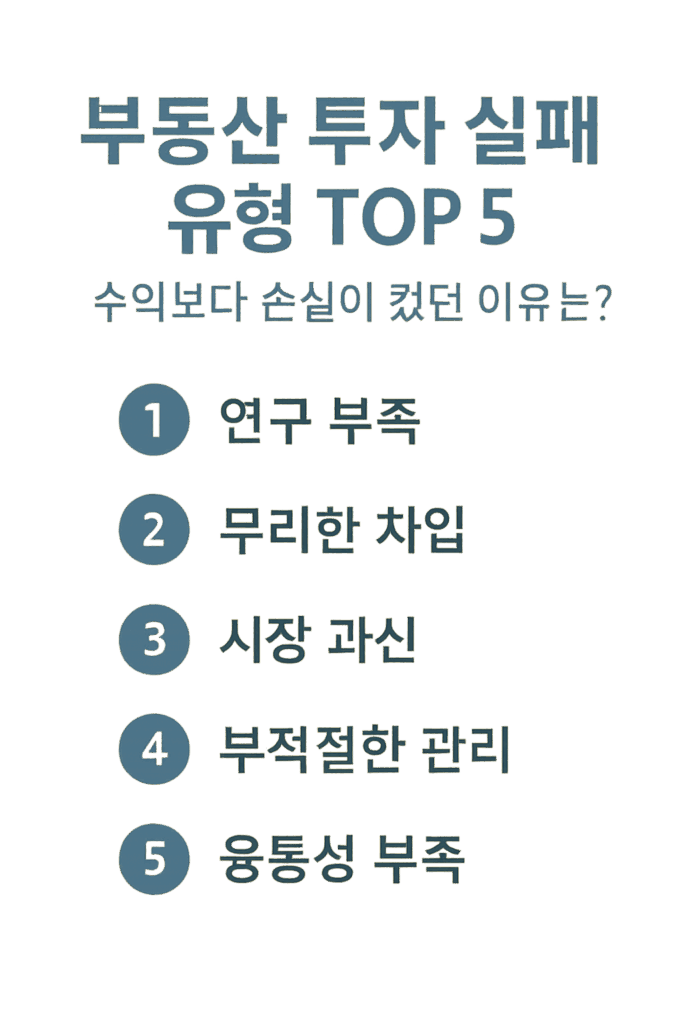 부동산 투자 실패 유형 5가지를 설명한 한국어 인포그래픽