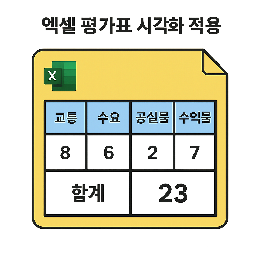 부동산 입지 평가표 엑셀 템플릿 인포그래픽 – 항목별 점수 입력 후 자동 총점·등급 계산 구조 시각화