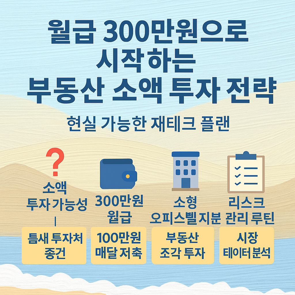 "월급 300만원으로 시작하는 부동산 소액 투자 전략 인포그래픽 – 부동산 소액 투자, 월세 수익, 경매/공매, 리츠 투자 방식 소개"