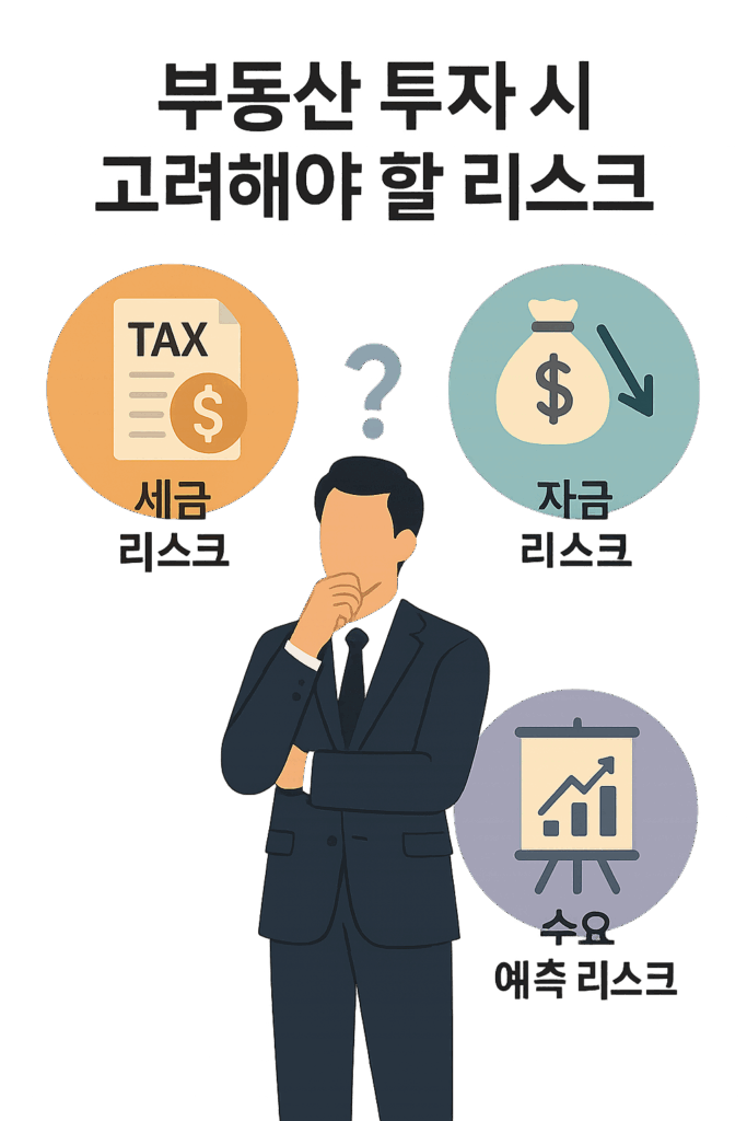 부동산 투자 리스크 3가지 인포그래픽 – 세금, 실투자금, 수요 불일치로 인한 실패 요인 정리
