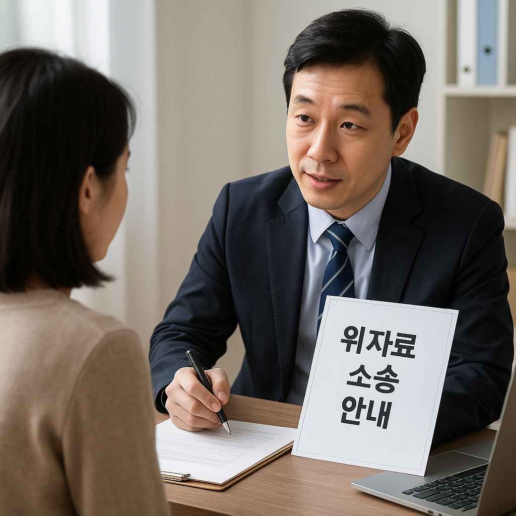 위자료 소송 안내를 받는 시민과 변호사의 상담 장면